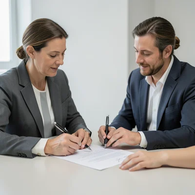 Two business partners reviewing a contract, pen hovering over signature line