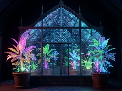 Victorian greenhouse but plants are holographic data visualizations growing from
