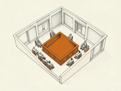 Looking down at a courtroom plan, tiny stippled seated figures surround one burn