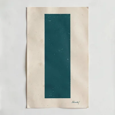 Vertical screenprint poster of a tall rectangular mark in deep teal on warm bone