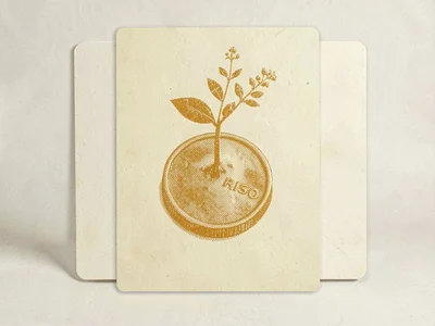 Riso style member-card motif of a halftone seedling sprouting from a halftone co