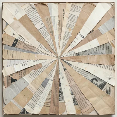 Radial burst of torn paper strips radiating from center, mixed media: newsprint,