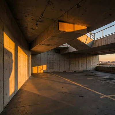 Orange level at sunset with warm light on concrete walls