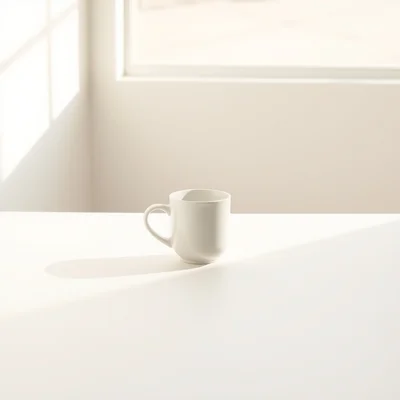 A minimalist studio photograph of a single white coffee cup on a clean matte surface, centered composition, soft natural