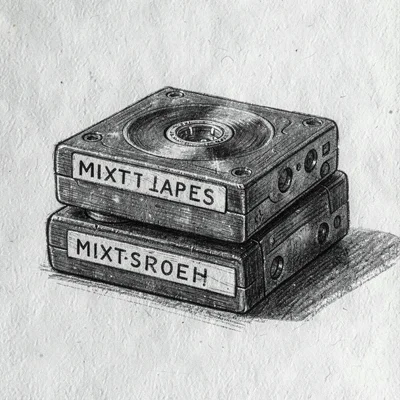 Charcoal study of a stacked endcap of mixtapes with hand-lettered dividers, arch