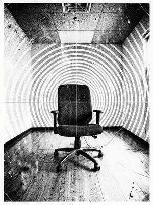 An office chair in an empty room with concentric geometric patterns radiating ou
