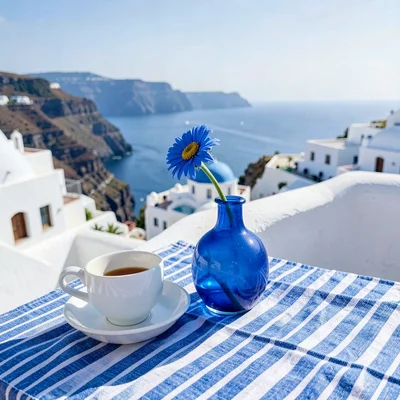 Sidi Bou Said cobalt-white, cliff-top absolute palette, Blue and white striped t