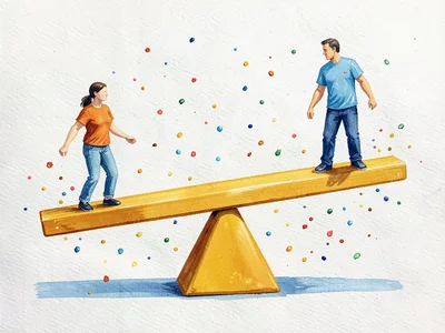 Balanced precariously on a mustard fulcrum, two figures stand on either end of a