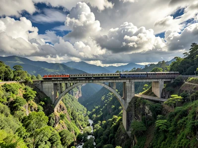 Train crossing bridge over valley, lush landscape below, dramatic cloud formatio