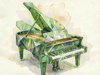 Emerald-glass faceted lowpoly grand piano with a sweeping green lid and crystall