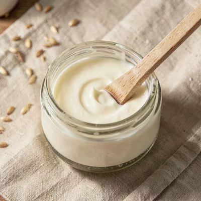 Warm overhead of an open jar of cream deodorant with a wooden spatula, oat linen