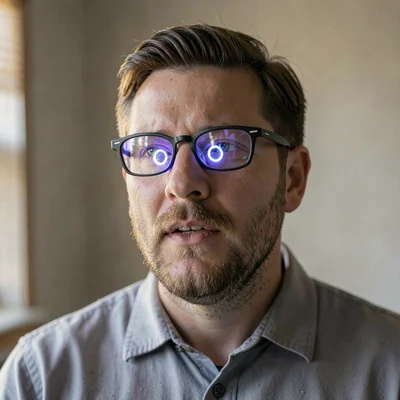 Documentary photograph, Man on video conference from home, ring light reflection
