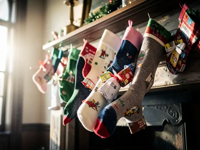 Stockings overflowing with small gifts on mantle, morning light