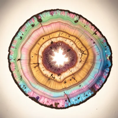 Geode cross-section in spring green and pink crystals, amethyst to rose quartz