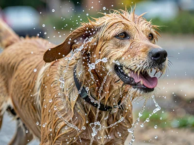 Wet dog mid-shake, water droplets forming perfect spiral pattern
