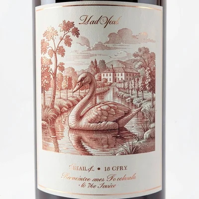 Wine label illustration, Elegant swan on estate pond , elegant estate scene, vin