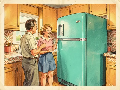 A family admiring their new turquoise refrigerator in a kitchen with boomerang-p