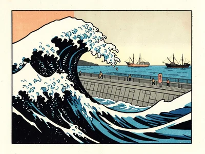A wave crashing on a modern breakwater, fishing boats in the distance, Hokusai's