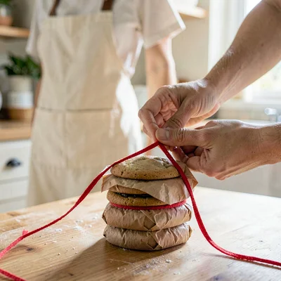 Two hands tying a red string around a stack of paper-wrapped cookies, kitchen da