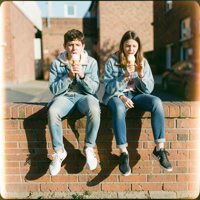Two teenagers sitting on a brick wall eating ice cream, legs dangling, long afte