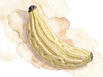 Ribbed butter-yellow knit banana with thick cable-knit ridges, slightly curled a