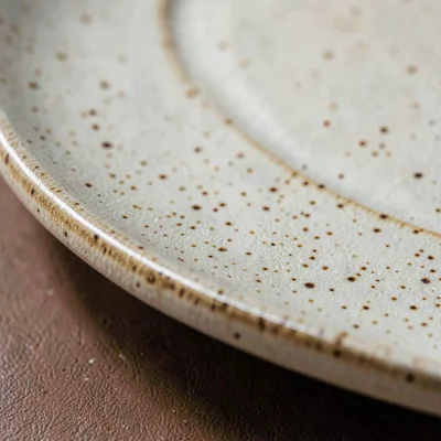 Mineral-cut close-up of a stoneware charger plate edge, fine speckles in the gla