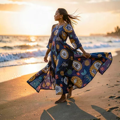 Saturated textile-rich photograph, Woman in flowing boubou robe walking on beach