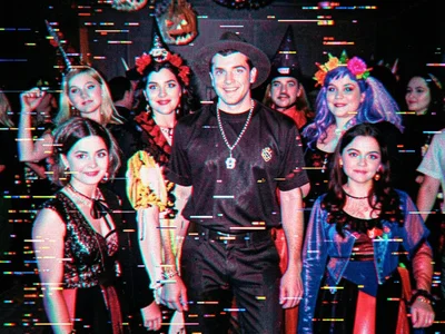 Halloween party photo with channel shift, costumes becoming more surreal