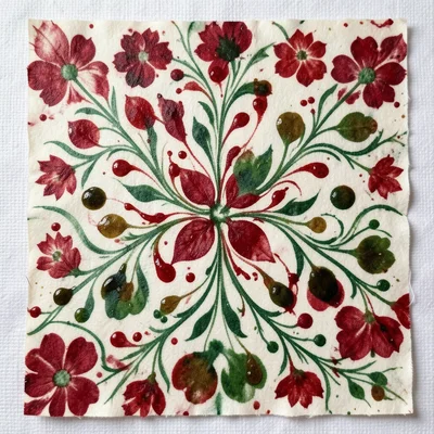 Bouquet marbling with flower-like shapes in red and green on cream ground, botan