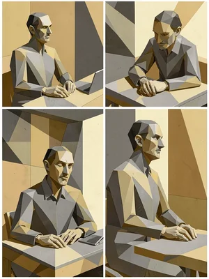 Seated figure at a desk, head and hands each from a different angle in the same 