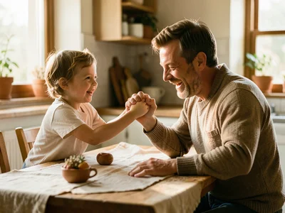 Father pretending to lose at arm wrestling with small child, kitchen table