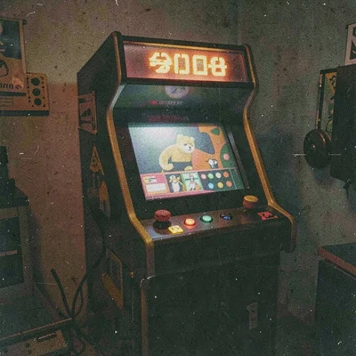 Grainy digital illustration, arcade cabinet glowing in dark , film grain texture