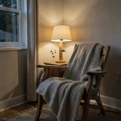 Quiet evening corner with a rocker, a knit blanket, and a small mobile, lamplit