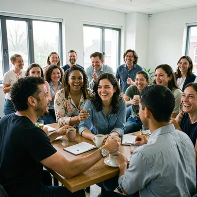 Documentary photography, unposed moment, Inclusive workplace celebration, multip