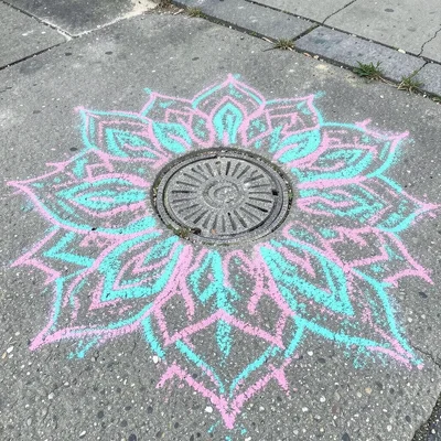 An elaborate mandala in colored chalk on grey concrete, radiating from a drain c
