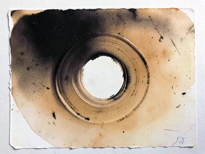 Two-color rolled monoprint, black and sienna blended on plate creating warm-to-c