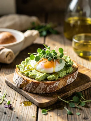 Avocado toast with microgreens and poached egg on artisan bread, drizzle of oliv
