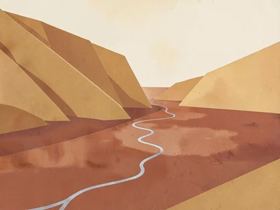 Faint silver thread of remaining water runs through a copper-red dry wash under 