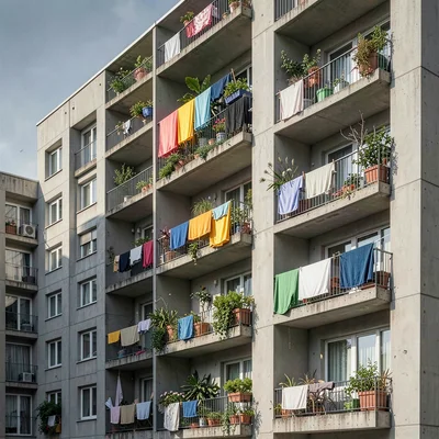 Planned city photography, modernist urbanism, Laundry drying on modernist balcon