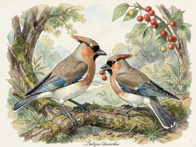 Cedar waxwings feeding plate