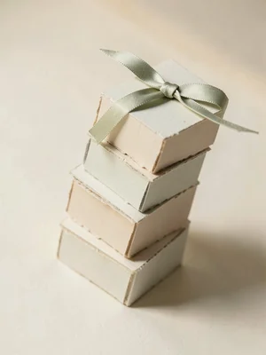 Stacked uncoated cardstock blocks form a leaning tower with a single sage ribbon