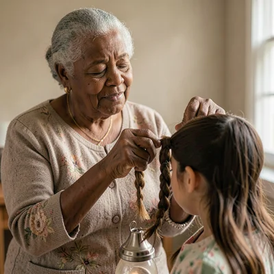 A gentle Black grandmother in her seventies plaiting a granddaughter's hair off-