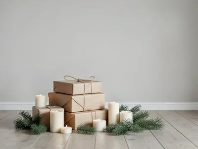 Stack of wrapped presents, candles, and pine branches on wooden floor