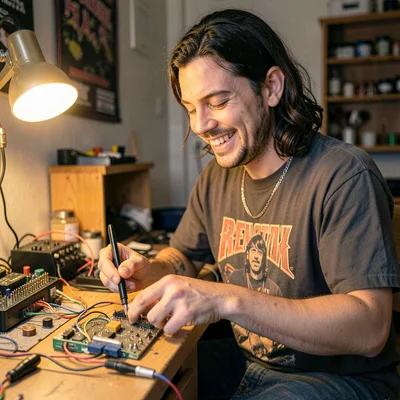 Available-light portrait of a smiling member in a band t-shirt soldering at an e