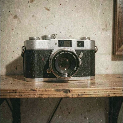 Grainy digital illustration, vintage camera on wooden shelf , film grain texture