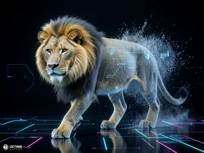 Animal (lion) walking, front half photorealistic, rear half dissolving into part