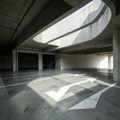Directional arrows painted on parking garage floor leading to light