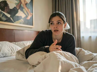 Person waking in unfamiliar hotel room, the moment of spatial confusion, generic
