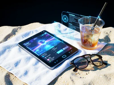 E-reader on a beach towel next to sunglasses and iced drink, bright daylight
