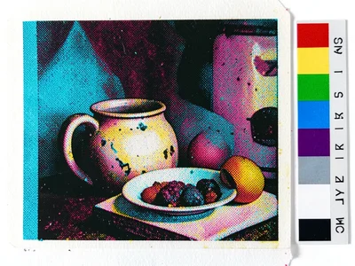 CMYK color bars test strip alongside a mis-registered still life print, technica